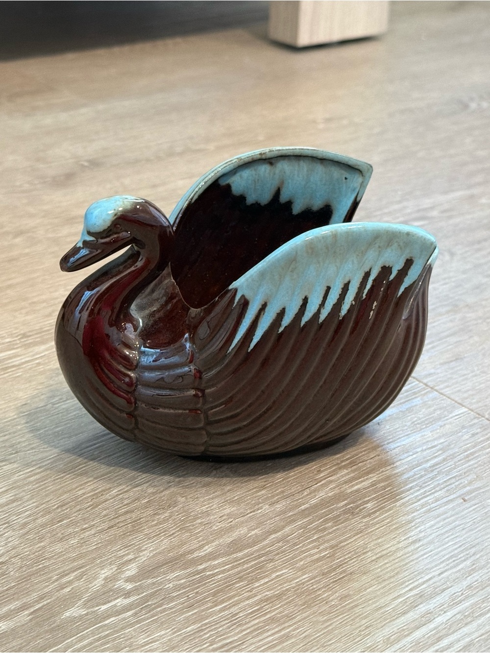 Vintage Brown and Blue Drip Glaze Small Swan Planter Cottagecore Cabin Eclectic